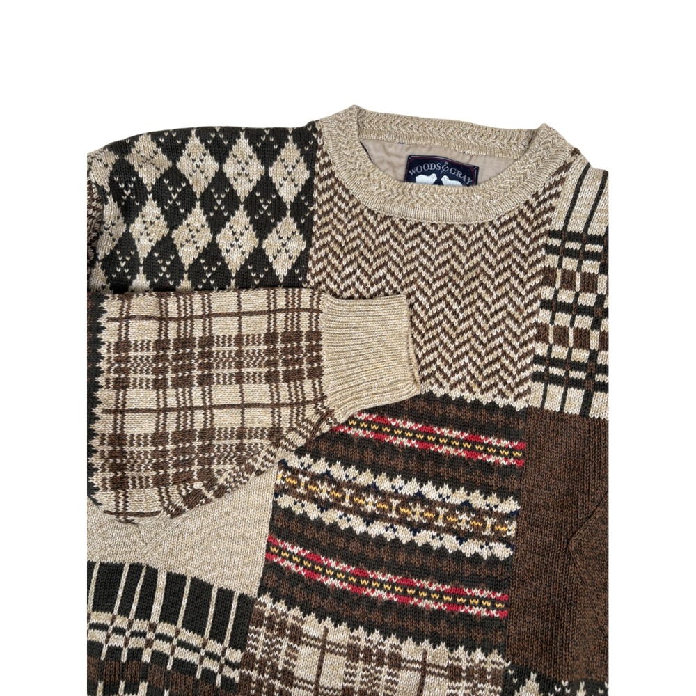 Woods & Gray Mens Vintage Patchwork Sweater Size L Brown Cotton Blend Pullover